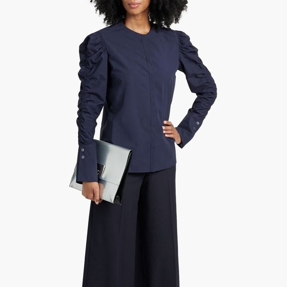 Another Tomorrow Tops - Another Tomorrow Navy Blue Poplin Cotton Shirred Puff Sleeve Button-Up Blouse XL